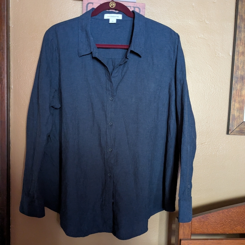 Dark Blue Button-Up Shirt Linen/Cotton Liz Claiborne Women's XL